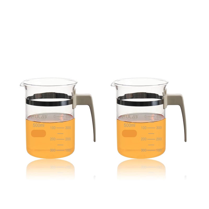 ULAB Glass Beaker with Handle, Vol. 500ml, 3.3 Borosilicate Griffin Low Form with Printed Graduation,Pack of 2, UBG1050 - Image 1